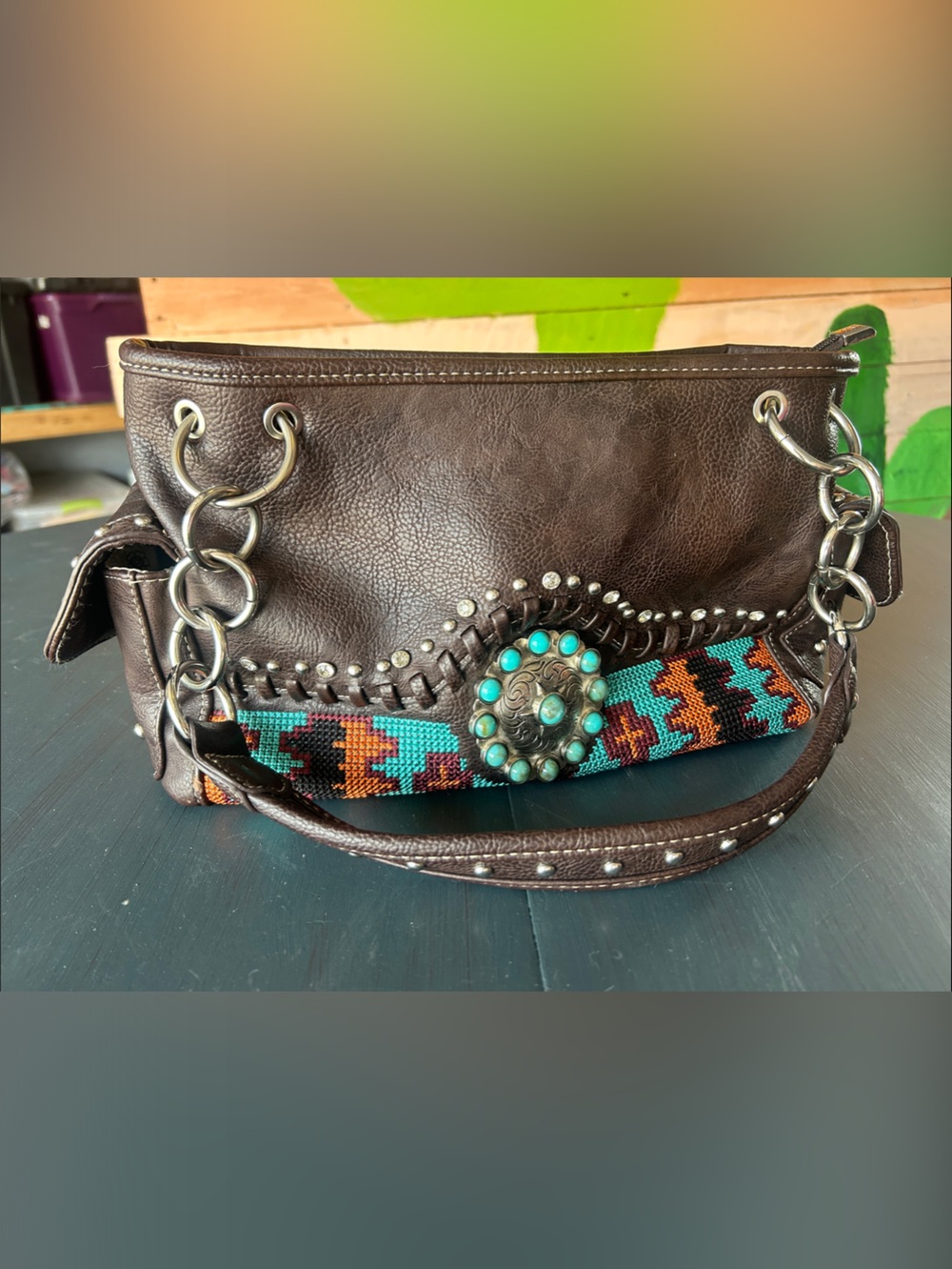 Montana West Brown Shoulder Bag with Turquoise Concho and Woven Accent